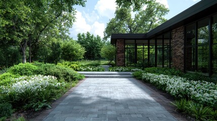 Fototapeta premium Modern house pathway, lush garden, sunny day, landscape design
