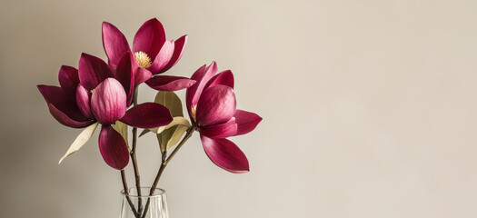 Fototapeta premium Elegant red magnolia flowers in glass vase against neutral background