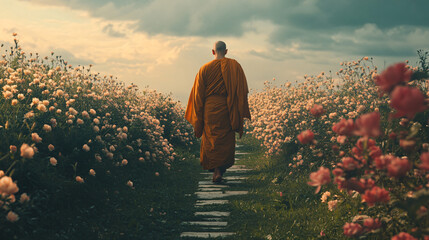 Monk walking tranquil flower field spiritual journey golden sunrise path mindfulness meditation inner peace wisdom enlightenment serene nature landscape zen calm folk yoga myth sky self alone quiet