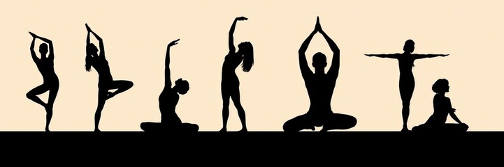 Fototapeta premium Yoga woman silhouette illustration set with various poses in black icons, vector illustration, exercise, yoga poses