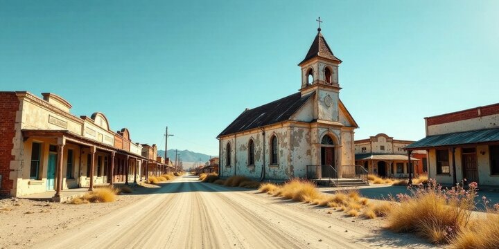 A Deserted Street with an Old Church and Abandoned Buildings in the American West