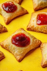 Delicious dessert pastries with fruit toppings, including mini cherry danish pastries and other baked goods. A variety of tasty treats.