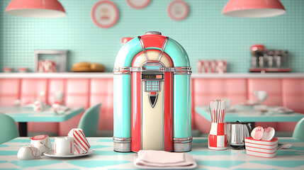 Classic jukebox in retro diner setting with pastel colors and vintage decor, evoking nostalgia and charm