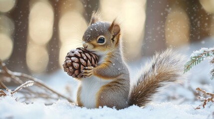Obraz premium A charming squirrel with a pinecone, capturing the spirit of fall in a forest setting.