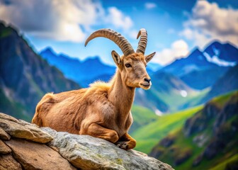 Obraz premium Immense Barbary sheep, a wild mountain goat, lies resting amidst Africa's rocky landscape, offering ample copy space.