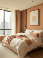 Fototapeta premium Modern Bedroom Design With City View And Neutral Tones