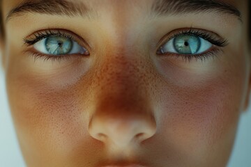 Obraz premium Portrait of a young girl with striking blue eyes, sun-kissed skin, and freckles. Close-up shot focusing on her facial features.