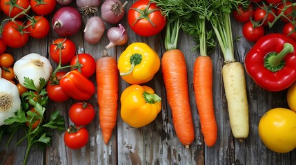 Vibrant display of fresh vegetables, including tomatoes, carrots, peppers, and onions, arranged on a rustic wooden surface.