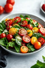 A refreshing and healthy tomato salad with lettuce, basil, cheese, and a light citrus dressing.