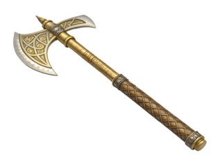 Axe with golden handle isolated on white background. PNG file. 
