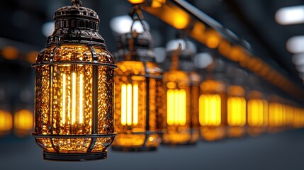 Fototapeta premium Illuminated lanterns hang in a dark space, creating a warm ambiance; ideal for festive celebrations