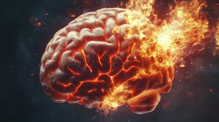 Fototapeta premium The image depicts a dramatic scene of an explosion engulfing a human brain, suggesting extreme mental stress or trauma.