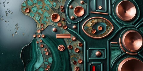 Textured abstract art with copper accents teal and bronze geometric shapes