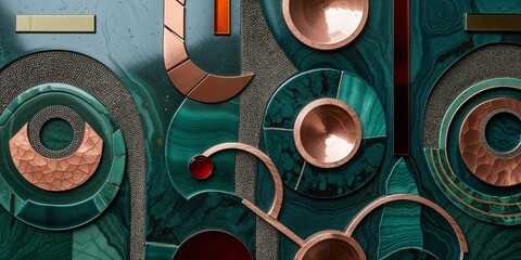 Contemporary abstract mosaic panel with malachite copper and metallic shapes
