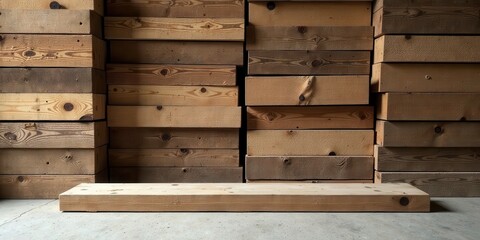 Rustic Wooden Planks Stacked in a Warehouse, a Single Plank in Front for Display Purposes