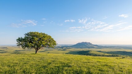 Fototapeta premium Lone tree on hilltop, scenic landscape, sunrise, peaceful