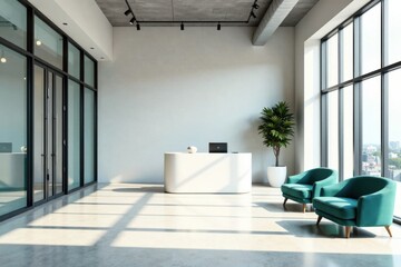 Fototapeta premium Modern Office Reception Area with Teal Armchairs and Large Windows