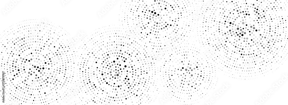 Poster Black dotted concentric circle pattern. Radial halftone abstract wallpaper. Rippled sound wave ring background. Tech circular particle texture for banner, poster, presentation. Vector backdrop