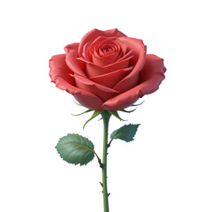 Red Rose Beauty: Close-Up of a Single Red Rose with Green Stem and Leaves, White Background
Png