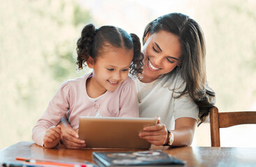 Education, mom and child with tablet, home and smile for elearning with parent, reading or bonding....