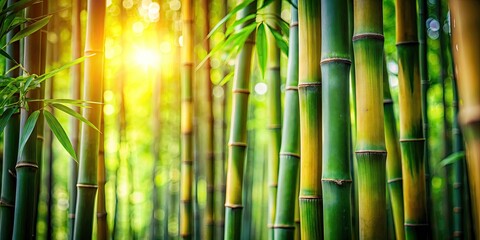 Lush green bamboo forest, bathed in dreamy bokeh, creates an enchanting scene of soft-focus nature.