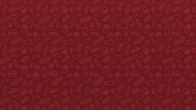 a red and black background with various food items