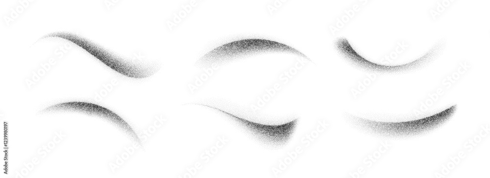 Poster Dotted curved brush stroke set. Wavy grainy spray element collection. Black flowing sand splashes pack. Stippled noise gradient shades bundle. Splattered dust particle texture waves. Vector