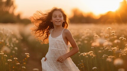 A joyful young girl in a white summer dress running through a vibrant field of wildflowers during golden hour