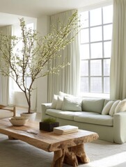 Minimalist Living Room Featuring Blooming Tree and Sage Sofa