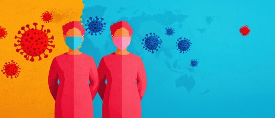 Two healthcare workers in masks stand against a colorful background, symbolizing the fight against COVID-19 with virus illustrations and a world map.