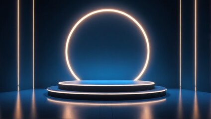 Circular Concrete Stage with Illuminated Blue Platform and Glowing Lines in Dark Futuristic Setting