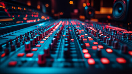 A modern music production studio featuring an audio mixing console, keyboard, and speakers, ideal for creative sound recording and mixing with a blurred space for captions or text.

