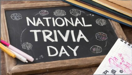 National Trivia Day Concept with Chalkboard and School Supplies on Wooden Table in Classroom Setting
