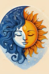 Sun and Moon Illustration with Yellow and Blue Faces Facing Each Other on White Background