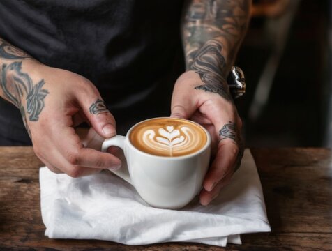 Hands holding latte art coffee cup on wooden table in cafe, person in black tshirt with arm tattoos.