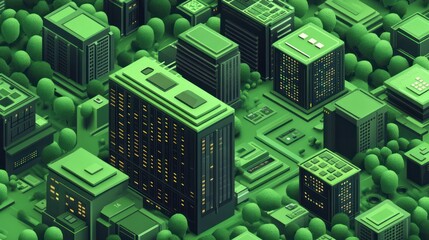 Isometric green city at night with illuminated buildings and trees.
