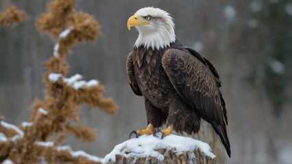 Bald eagle perched on a tree stump, wings spread with intense gaze, in winter landscape. Closeup nature photography.
