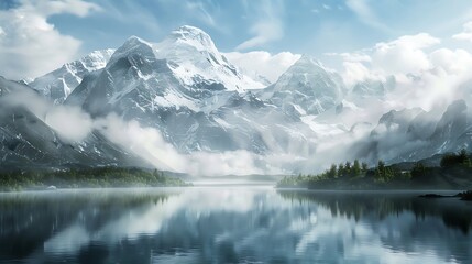 Fototapeta premium Majestic snow-capped mountains reflected in a tranquil lake. Serenity and beauty in nature.