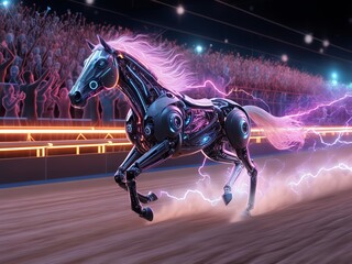 Futuristic Cyber Horse Racing with Neon Energy and High-Tech Speed
