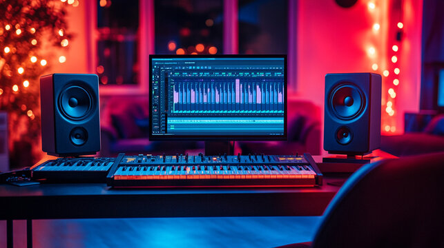 A modern music production studio featuring an audio mixing console, keyboard, and speakers, ideal for creative sound recording and mixing with a blurred space for captions or text.

