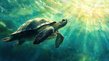 Obraz premium Sea Turtle Underwater Sunlight