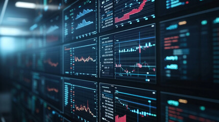 Multiple screens showing financial charts and data analysis in a high-tech environment, symbolizing chaos, modern technology, and the fast-paced nature of financial markets, with empty space for capti