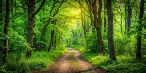 Naklejka premium Forest Path Winding Through Trees, lush greenery, leaves, lush greenery, leaves, roots