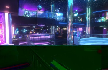 Futuristic nightclub interior; vibrant lighting, dance floor, bar, seating; entertainment venue