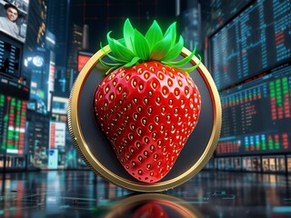 Futuristic Strawberry Cryptocurrency in a Digital Stock Market
