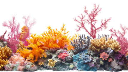 Colorful coral reef growing on transparent background in aquarium
