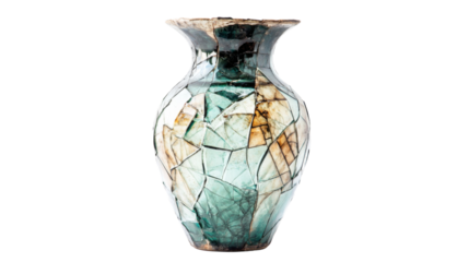 Kintsugi style ceramic vase exhibiting repair with gold showing wabi-sabi philosophy on transparent background