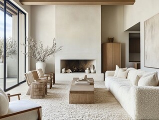 Modern minimalist living room with neutral tones and fireplace