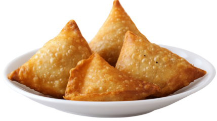 Crispy fried samosas served on white plate with transparent background