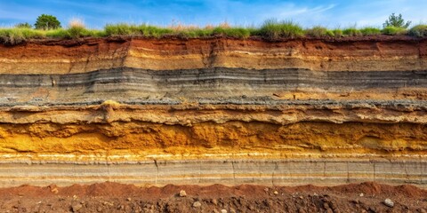 A cross-section view of the underground soil layer with varying textures and colors of clay, silt, and sandstone formations